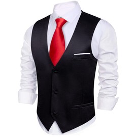 Barry.Wang Mens Black Satin Suit Vest Formal/Leisure V-neck 2 Pockets Wedding Party Tuxedo Waistcoat