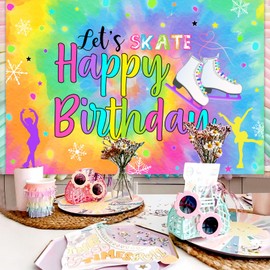 Wonmelody Let's Skate Backdrop for Girls Ice Skating Birthday Party Supplies Neon Glow Happy Birthday Skate Backdrop Rainbow Roller Skate Banner Photo Wallpaper for Girls