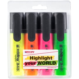 edding 345 Highlighter - Yellow, Orange, Pink, Green - Set of 4 - Chisel Nib 2-5 mm - Ideal for Bright Markings and Highlighting Text Passages and Notes