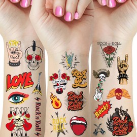 65 Pieces Rock N Roll Temporary Tattoos, Rock Star Birthday Party Decorations Supplies Favors Gifts, Born to Rock Tattoo Stickers for Kids Boys Girls Classroom School Prizes Rewards