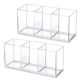 BangBoom 2 Pack Clear Makeup Brush Holder, 3 Compartment Plastic Pen Organizer, Acrylic Silverware Caddy for Storage Desk Vanity Pencil Utensil Marker Cutlery (Clear)