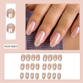 24pcs Almond False Nails - Pearl Nude Stick on Nails - Oval Short Fake Nails with Glue - 12 Sizes Aurora French Tip False Nails - Full Cover Acrylic Nail with Design Elegant
