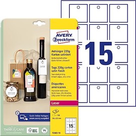 AVERY Zweckform T2003-10 Sturdy Tags 150 Pieces Including Cords (50 x 50 mm on A4, Printable on Both Sides, Extra Smooth Edges, Gift Tags, Price Tags) Cardboard 220 g, White