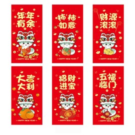 Chinese Snake Year Red Envelopes 2025-6 pcs Lucky Money Envelopes for Lunar New Year, Spring Festival Hong Bao, Year of the Snake Red Pockets, Ideal for Gifting and Party Decor.