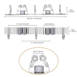 POPRUN Broom Mop Holder Wall Mounted Garden Tool Hanger Garage Broomstick Organizer Dustpan Gripper 2 Racks 3 Hooks Stainless Steel Home Cleaning Storage Brush Clip Kitchen Organization,Grey