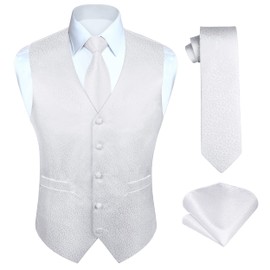 Hisdern Men's Floral Wedding Waistcoat, Tie and Handkerchief Set, Jacquard Waistcoat Suit Set, white 1
