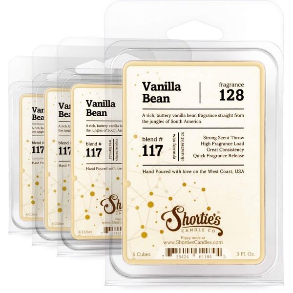 Shortie's Candle Company Vanilla Bean Wax Melts Bulk Pack - Formula 117-4 Highly Scented 3 Oz. Bars (12 Oz. Total) - Made with Natural Oils - Bakery & Food Air Freshener Cubes Collection