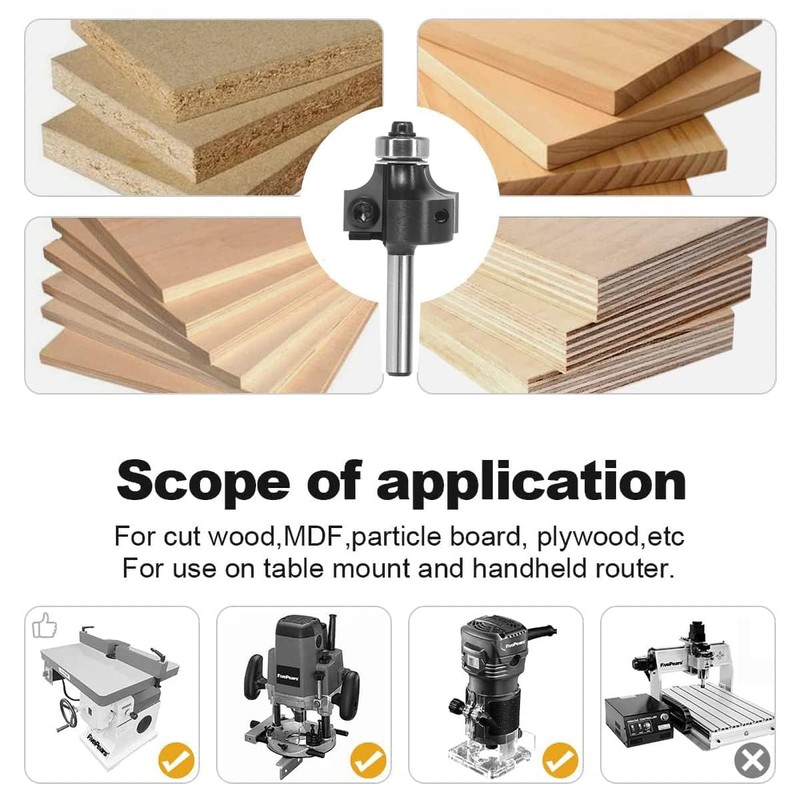 Sinoprotools Round Over Router Bits 1/4 Inch Shank，1/4'' Radius with