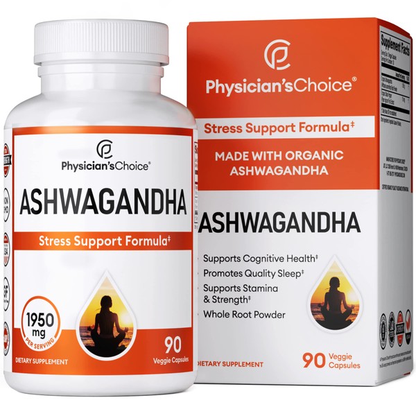 Physician's CHOICE Organic Ashwagandha 1950mg w/Black Pepper Extract for Enhanced Absorption - Stress Support - Mood Support - Wellbeing Supplement, 90 Veggie Ashwagandha Root Powder Capsules