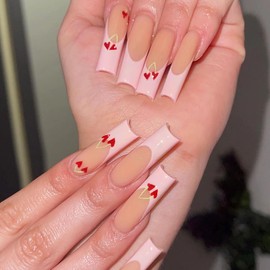 BABALAL Press on Nails Long Square Fake Nails Pink French Tip Glue on Nails Heart Cherry Acrylic Nails 24Pcs Manicure Stick on Nails Glossy Squoval Gel Nails