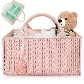 Miss Fong × MOMINSIDE Diaper Caddy Organizer, Baby Basket Nursery Storage for Portable Changing Table Dresser Car - Color: Pink
