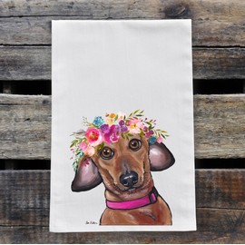 Dachshund Tea Towel - Cute Flower Crown Dachshund Flour Sack Towel - Dachshund Kitchen Towel - Dachshund Lover Gifts - Dachshund gifts for mom - Dog Kitchen Decor - Hippie Hound Studios