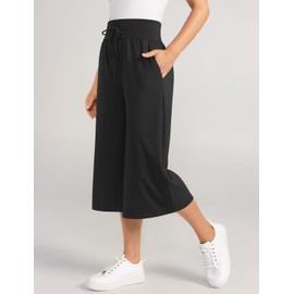 TARSE Wide Leg Capris High Waisted Cropped Palazzo Pants Culottes for Women with Pockets Summer Black