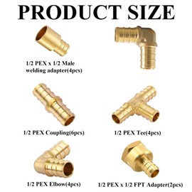 Voittozege 20-Piece 1/2 Inch PEX Fittings Combo Kit - Includes 4 Barb Tees, 4 90-Degree Elbows, 6 Straight Connectors, 4 Male Sweat Adapters, 2 FPT Adapters for Plumbing & PEX Tubing Systems