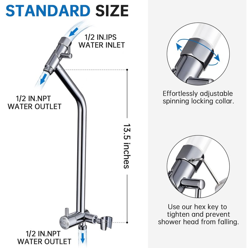 G-Promise All Metal Shower Diverter with Low Holder, Extended 13.5