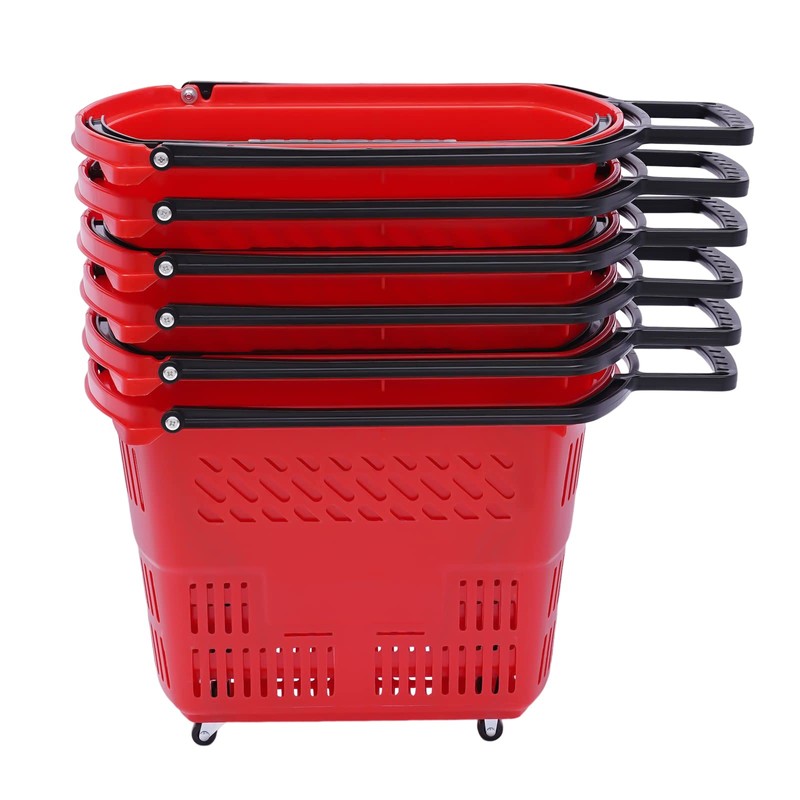 6PCS Plastic Shopping Basket with Handles&Wheels, 35L Rolling Shopping Cart