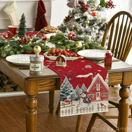 Red Christmas Table Runner Snowflake Snowman Table Runner Winter Seasonal Winter Kitchen Table Decoration Indoor Holiday Party Decor 33 x 183 cm
