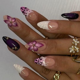 Medium Press on Nails Almond Fake Nails with Leopard Flower Designs White French Tip Nails Press ons Nude False Nails Glossy Glue on Nails Purple Acrylic Nails Spring Stick on Nails for Women 24Pcs
