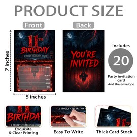 Moonle Creepy 11th Birthday Invitations for Teens, 20 Pack 4x6 inch Supernatural Stranger Night Party Invites with Envelopes, Red Black Haunted Woods Fill In Celebration Invites Cards