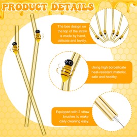 6 Pcs Reusable Glass Straws With Bee Cute Bee Desigh Drinking Straws 8in x 8mm Yellow Party Favors Decorations with 2 Cleaning Brushes for Beverages, Shakes, Juices Suitable for Smoothies, Cocktails
