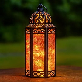 Vela Lanterns Portavelas de Metal marroquí Decorativo con Luces LED para Interior del hogar, centros de Mesa de Halloween, Patio o Porche al Aire Libre, Bodas, ámbar, Mediano