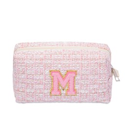 Ouksma Initial Cosmetic Bag Monogrammed Makeup Pouch Toiletry Bag with Zipper Makeup Organizer Cosmetic Pouch (M, Pink Tweed/Pink Letter)