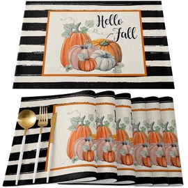 BIPASION Fall Placemats, Thanksgiving Placemats for Dining Table Set of 6, Autumn Washable Table Place Mats, Stripes Pumpkin Kitchen Table Mats for Indoors & Outdoors Holiday Decor