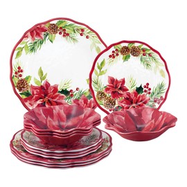 UPware 12-Piece Melamine Dinnerware Set, Includes Dinner Plates, Salad Plates, Bowls, Service for 4 (Poinsettias)