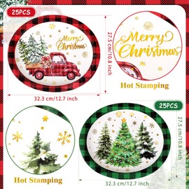 FULJOOY 50Pcs Foil Extra Large Christmas Oval Paper Plates 10.8" x 12.7" Buffalo Plaid Truck Design Disposable Merry Xmas Serving Dishes for Holiday Dinner Parties Festive Gatherings Celebrations