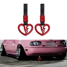 Xotic Tech 2 Pieces JDM Broken Heart Shaped Tsurikawa Car Handle Straps Rear Bumper Warning Ring Subway Train Bus Handle Drift Charm for Cars, SUV Interior Exterior Decoration (Red)