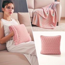 Invrstne Plain Flannel Blanket Portable Soft Travel Blanket 2 in 1 Travel Fleece Blanket Pillow (Pink)