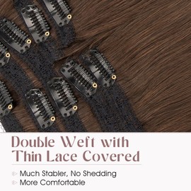 Elailite Clip in Hair Extensions Real Human Hair, Remy Hairpieces for Women, 7PCS Lace Weft Full Head, 16 Inch 110g Dark Brown