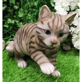 Ebros Gift Lifelike Realistic Pawing Grey Tabby Cat Statue 13.75" Long with Glass Eyes Hand Painted Realistic Feline Kitty Cat Figurine