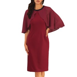 WOMLAYOUT Women's Wedding Guest Dress Beaded Crewneck Cocktail Chiffon Cape Dress XX-Large Burgundy