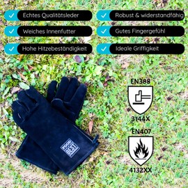 Premium Barbecue Gloves Made of Genuine Quality Leather, Black, DIN EN 388 & DIN EN 407 Certified, Very Heat Resistant, Very High Quality Workmanship, BBQ Gloves for Grill, Oven, Fireplace