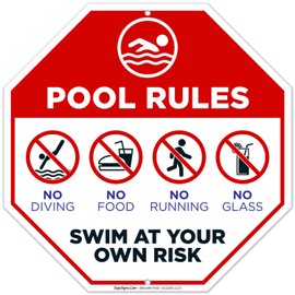 Pool Rules Sign, Pool Sign, 12x12 Octagon Shaped Rust Free Aluminum, Weather/Fade Resistant, Easy Mounting, Indoor/Outdoor Use, Made in USA by Sigo Signs