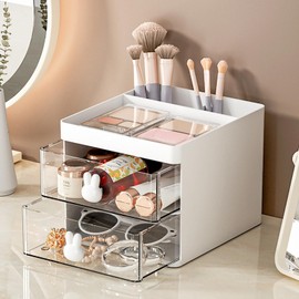 Desk Organizer with 2 Drawers, Multi-Functional Pen Holder for Desk, Desk Organizers and Accessories with 3 Compartments, Plastic Pencil Organizer for Desktop Storage (Small 2 Drawers-White)