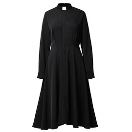 FAD-4U Church Clergy Dress for Women Long Sleeve Rows Buttons A Line Dress with Tab Insert Stand Collar Black
