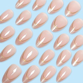 30 Pcs Short Almond Press on Nails Nude Fake Nails with Cat Eye French Tip Designs False Nails Glossy Finish Acrylic Nails Gel Tips Nail Kit Natural Reusable Glue on Nails for Women