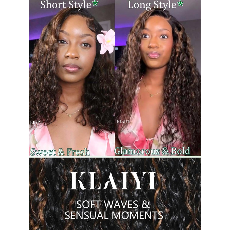 KLAIYI Golden Brown Water Wave Bye Bye Knots Glueless Wig