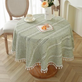 meioro Böhmische Tischdecke für Küche Dekoration, R140cm Makramee Tischtuch mit Quasten, Rechteckige Leinen Tischwäsche, Gestreifte Tafeldecke Mesh Tischdecken für Esstisch Tabletop(Olivgrün)