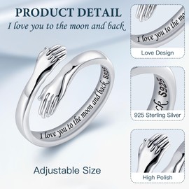 LOVECOM Christmas Day Gifts, Hug Ring,925 Sterling Silver Hug Rings for Women Teen Girls Silver Hugging Hands Open Promise Ring Jewelry Hug Hands Mens Rings Couples Wedding Bands, 8, Metal, No