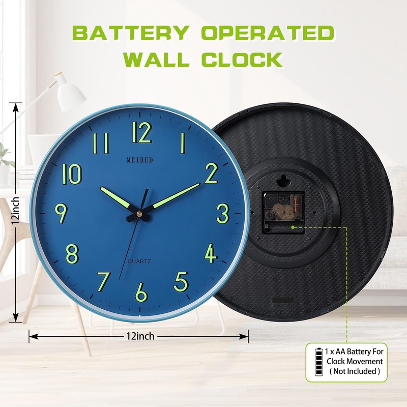 MEIRED Night Light Wall Clock 12 Inch Silent Non Ticking