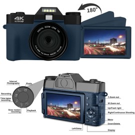 Acuvar 4K 56MP Digital Camera for Photography, Vlogging Camera for YouTube with 3’’ 180° Flip Screen, WiFi, 16X Zoom, Rechargeable Battery, 64GB Micro SD Card, 6 PC Card Holder, USB Card Reader (Navy)