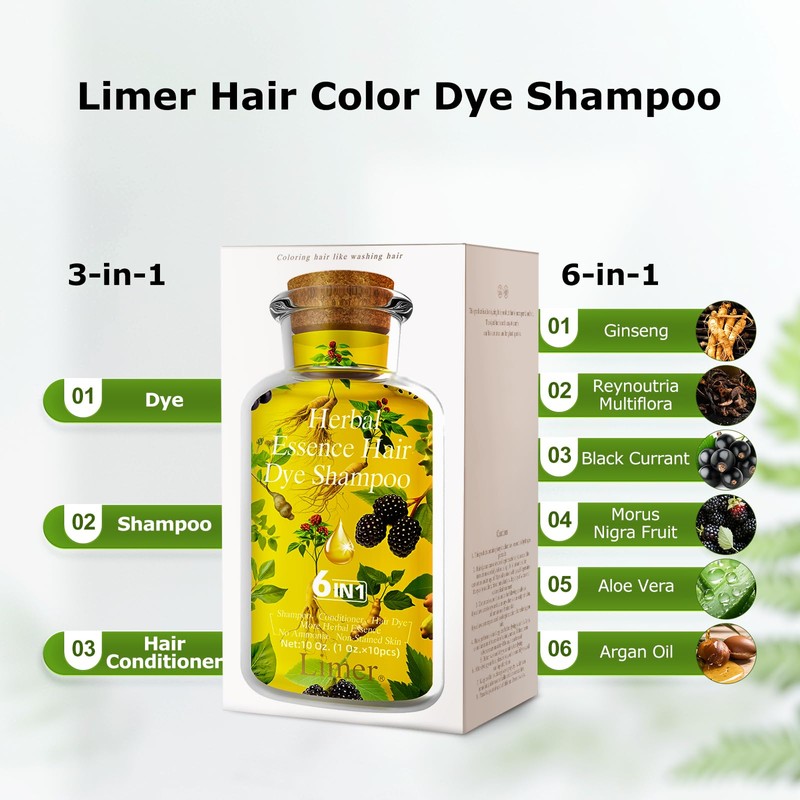 Limer Hair Dye Shampoo Natural Black Pack of 10, Root