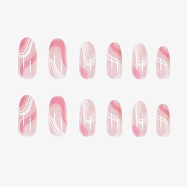 Press on Nails Short, 24PCS Fake Nails Almond Glue on Nails, Stiletto False Nails, Pink White Wave Stripe False Nails Acrylic Nails for Women and Girls