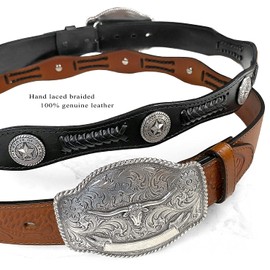 State of Texas Star Conchos Western Longhorn Buckle Embossed Full Grain Leather Belt 1-1/2" (38mm) Wide (Brown, 40)