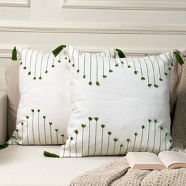 Chardin home Poppy Pillow Cover, Handwoven Decorative Throw Pillow (Set of 2). Soft Warm Cotton Woven Square Pillow Covers for Couch Sofa Bedroom, Size: 18”x18”, Color: Ivory/Sage Green