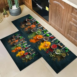 GUBIYU Cooking Herbs Spices Kitchen Rugs Kitchen Mat Bath Rug Floor Door Mats Non Slip Doormat Soft Runner Carpet Home Decor Chili Pepper Decorations Mats for Kitchen Floor 17.7X29.5+17.7X59 Inches
