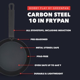GreenPan x Bobby Flay 10" Carbon Steel Frying Pan Skillet, Pre-Seasoned Ready to Use, Nontoxic, PFAS-Free, Induction Compatible, High Heat & Oven Safe Durable Cookware, Cast Iron Alternative